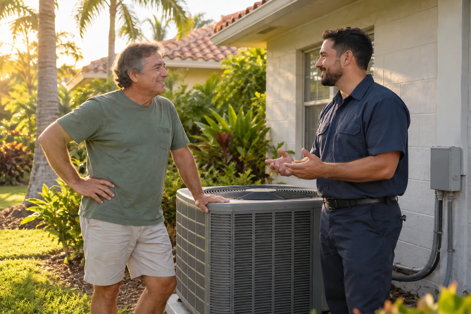 A friendly HVAC provider talking with a homeowner beside an outdoor AC unit near Boca Raton